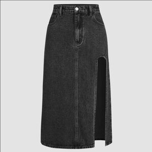 Black Denim Midi Skirt with Side Slit